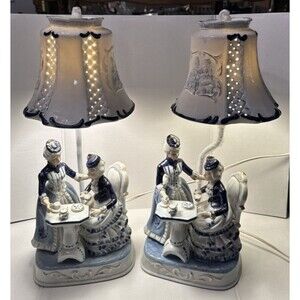 Leonardo Collection Tea Time Porcelain 17” Pair of Lamps & Incised Shade Vintage
